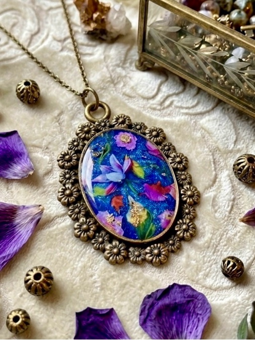 Handcrafted Floral Resin Pendant Necklace - Blue & Purple